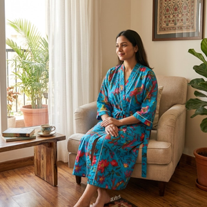 Kimono Floral de Algodón Turquesa |   Bata de casa de manga larga con cuello en V para mujer |   Bata Larga con Bolsillo Delantero de Alta Calidad, Diseño Exquisito - Product Image 2