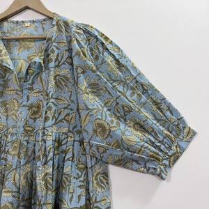 Robe midi décontractée en coton pour femme avec manches ballon - Robe d'été style babydoll taille empire - Tunique ample 100 % coton à col en V - Product Image 3