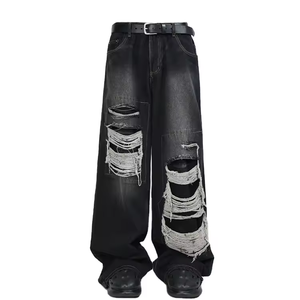 Jeans de mezclilla para hombre, corte regular, 100% algodón transpirable, tejido de invierno, desgastado, vintage, lavado, holgado, estilo urbano, al por mayor - Product Image 1