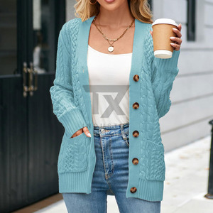 Cardigan en tricot bleu personnalisé avec logo blanc imprimé, manches longues, col rond, pull décontracté pour femme - Product Image 2