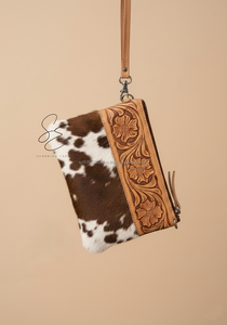 Western Genuine Leather Tooled Cowhide <b>Wristlet</b> Clutch Wallet Floral Embossed Handmade Hair On Zipper Pouch for Women - Product Image 3