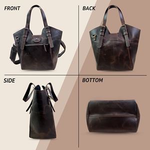 Sac fourre-tout en cuir véritable pour femme, style hobo vintage, forme baril, bandoulière double, fermeture éclair, pour la vie quotidienne - Product Image 2