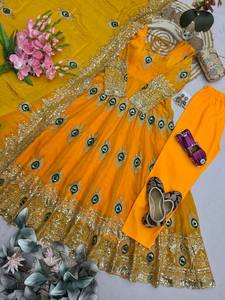 Women's <b>Red</b> Embroidered Ball Gown Anarkali Kurta Dupatta Set 100% <b>Silk</b> Elegant Ethnic Wear Traditional Indian Salwar Suit - Product Image 2