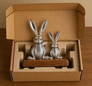 Statues de lapins en argent sur socle en bois, 7 pouces de haut, décoration de Pâques pour la maison - Product Image 5
