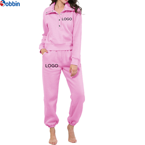 Women's Pink Cotton <b>Tracksuit</b> Set Full Sleeve Button Up Collar Casual Solid Color With Side Pockets Autumn Wear - Product Image 1