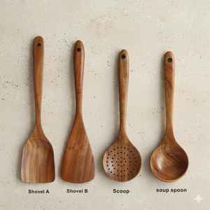 Ensemble d'ustensiles de cuisine en bois de teck, cuillères en bois naturel avec support, gadgets de cuisine écologiques, cadeau pour chef, antiadhésif et sûr - Product Image 4