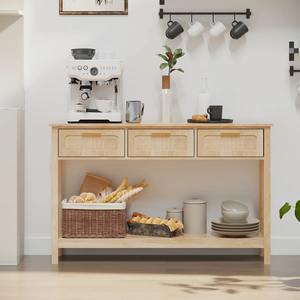 Table de canapé convertible moderne de style côtier avec miroir, détails en cannage et poignées dorées pour entrée et usage hôtelier - Product Image 3