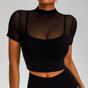 Top corto de verano personalizado al por mayor para mujer, cuello redondo, ajuste ceñido, parte inferior redonda, con mangas de malla a media manga - Product Image 1