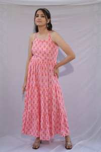 Robe courte imprimée à la main indienne pour femmes Robe d'été décontractée en coton Robe longue courte de style boho Tissu naturel à la taille - Product Image 2