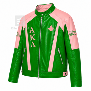 Veste en cuir personnalisée Alpha Kapa Alpha Sorority rose et verte avec logo brodé, style décontracté pour femme, doublure en polyester - Product Image 2