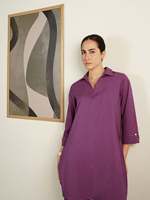 Robe midi rayée violette à manches trois quarts, col rabattu, coupe ample, décontractée, été, tissu en coton tissé