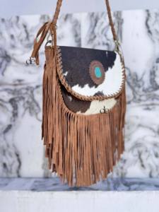 Bolso de Hombro Estilo Occidental con Flecos de Piel de Vaca, Bolsos de Estilo Bohemio con Piedras Turquesas, Bolsos Vintage para Mujer - Product Image 2