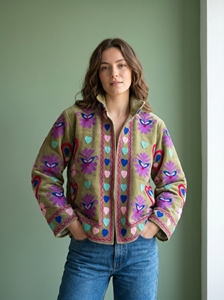 Chaqueta Bordada Verde Oliva para Mujer, Motivos Florales y de Corazones Coloridos, Ropa Exterior de Moda Boho Folk Art - Product Image 3