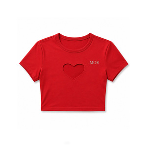 Custom Heart Cutout Crop Top Private Label Embroidery Cotton women's shirt Slim Fit Half Sleeve Baby Tee High Quality Streetwear - Product Image 3