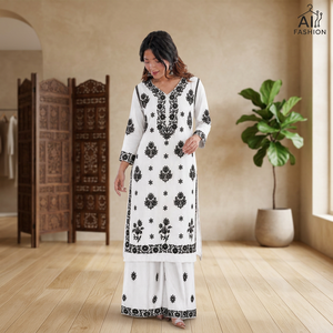 White Black Embroidered Work <b>Kurti</b> Set With Loose Fit And Knee Length Traditional Ethnic Style For Women Casual Wear - Product Image 1