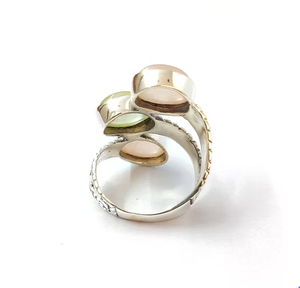 Handmade Boho 925 Sterling <b>Silver</b> <b>Ring</b> Natural Rose Quartz & Prehnite Artisan Multi-Stone <b>Statement</b> Jewelry - Product Image 4