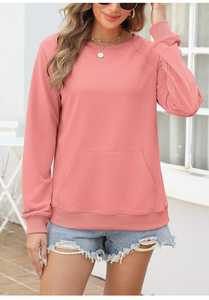 Sudadera de cuello redondo para mujer, informal, de manga larga, estilo raglán, con bolsillo frontal tipo canguro - Product Image 3