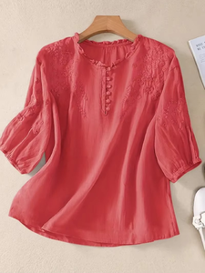 Loose Women's Summer <b>Tops</b> Casual Shortsleeved Large Size Shirts with Embroidery Breathable Shirts for Women - Product Image 5