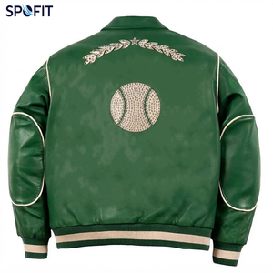 Chaqueta Varsity de Cuero Personalizada para Hombre, Verde, con Cierre, Bordada, con Parches y Tachuelas, Estilo Bomber, Letterman, Streetwear, OEM - Product Image 2