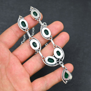 Customized Handmade Green Onyx Lab Created Pear Freshwater Pearl Sterling Silver Luxury Women's Necklace for Wedding Gift - Product Image 4