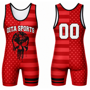Singlet de Lucha Sublimado Rojo y Blanco para Hombre, Impresión Digital, Ropa de Lucha de Poliéster, Uniforme Deportivo para Entrenamiento y Combate - Product Image 1