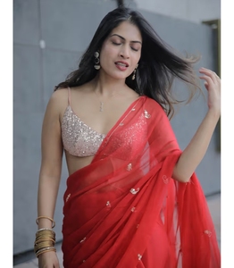 KV Cerise <b>Red</b> Chiffon Work Saree With Unstitched <b>Blouse</b> - Product Image 6