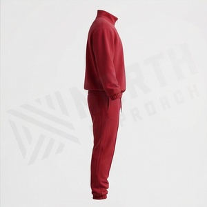 Survêtement rouge pour homme à demi-zip, couleur unie, sweat-shirt en coton et pantalon à cordon de serrage, tenue décontractée d'automne, coupe régulière longueur entière - Product Image 3
