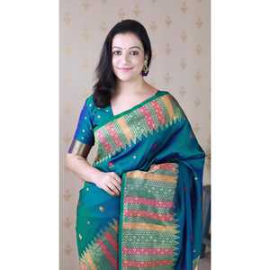 Sari en soie douce verte Meenakari Zari tissé avec bordure de temple, écharpes et châles traditionnels - Product Image 3