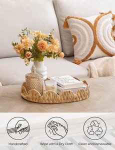 OEM ODM Scalloped Edge <b>Wicker</b> Serving Tray, Woven Rattan Table Trays with <b>Handle</b>, <b>Wicker</b> Tray, Water Hyacinth Tray for Ottoman - Product Image 3