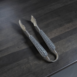 Modern Silver Plated <b>Serving</b> <b>Tongs</b> With Black White Geometric Handles Long Handle Dishwasher Safe Party Utensils - Product Image 3