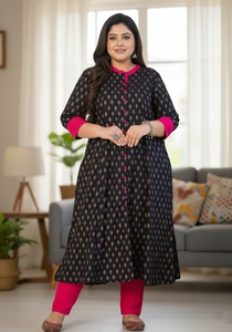 Kurti Anarkali con Cuello Mandarín y Estampado Floral, Negro, de Rayón, con Mangas Tres Cuartos, para Mujer, Talla Grande, Estilo Étnico - Product Image 1