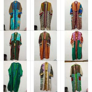 Silk Patchwork Kimono Robe Light Weight Colorful Silk <b>Cardigan</b> Bohemian Floral Print Patches Bathrobe For Women's - Product Image 1
