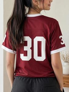 Women <b>Maroon</b> American Football Jersey Number 30 Short Sleeve Crew Neck Breathable Polyester Sport Apparel Regular Fit - Product Image 1