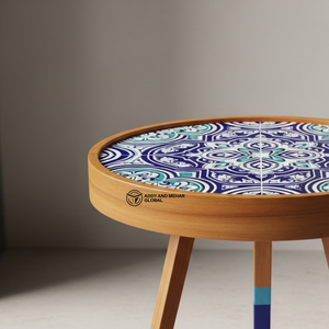 Tabouret en bois bleu géométrique design – Tabouret d'appoint trépied contemporain, siège rond en bois pour salon - Product Image 2