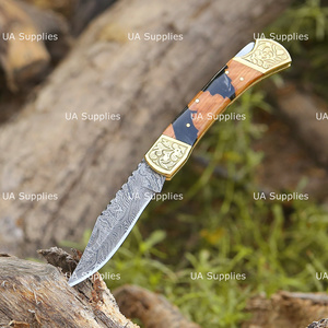 UA Supplies Hand Engraved Damascus Folding Pocket <b>Knife</b> Clip Point Resin & Olive Wood <b>Handle</b> Custom OEM Factory Direct <b>Knives</b> - Product Image 2