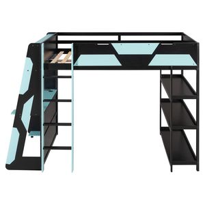 Full Size <b>Gaming</b> Loft Bed with Desk Shelves and LED <b>Lights</b> in Black & Blue - Product Image 5