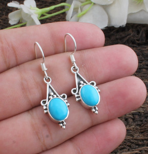 Boucles d'oreilles pendantes en turquoise naturelle, argent sterling 925, boucles d'oreilles de luxe pour mariage, bijoux pour femmes, vente en gros - Product Image 2