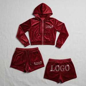 2024 Velvet Custom Logo Casual Eco-Friendly Breathable Two-Piece Women's Sweatsuit Hoodies Crop <b>Track</b> Pants Solid Matched 100% - Product Image 2