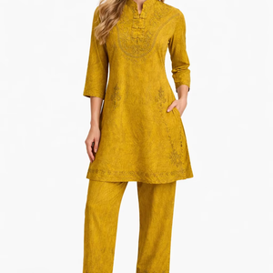 Ensemble deux pièces décontracté en viscose brodée pour femme : haut et pantalon à col en V – Fabricant - Product Image 1