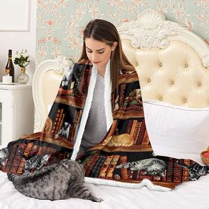 Vintage Kitten Sherpa Fleece Blanket Cat in Bookshelf Design As Librarian or Book Lover Gift Throws for Bed Couch or Sofa - Product Image 4