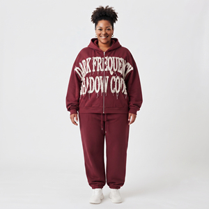 <b>Women's</b> Premium Fleece Zipper Tracksuit Custom Distress Embroidery Hoodie <b>Jogger</b> Set Long Sleeve Heavyweight 400GSM Tracksuit - Product Image 1