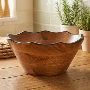 Bol à salade en bois avec bord ondulé noir, fait main, décoratif, pour fruits, salades, snacks, fruits secs, cuisine - Product Image 4