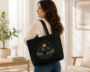 Sac fourre-tout en toile noire avec imprimé soleil de montagne, design minimaliste, sac de shopping et de voyage toutes saisons, fermeture personnalisée - Product Image 4