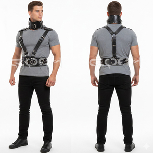 Harnais complet en cuir noir robuste de style bondage avec collier de maintien, poitrine ajustable à boucles et ceinture large à la taille - Product Image 5
