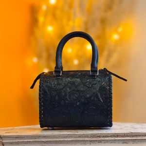 Black Color 100% Genuine Leather Women's Mini Speedy Duffle Bag With Single Stone Studded On Middle & Hand Tooled Florals Carved - Product Image 5