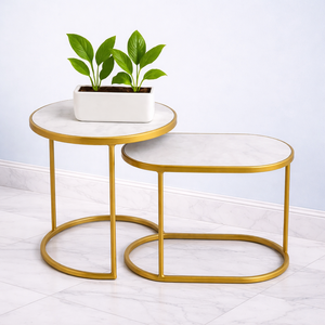 Stylish Cast Aluminum <b>Bar</b> <b>Table</b> Set Dual Shape Nesting Design Marble Finish Smooth Edge Frame Durable Modern Space Saving Accent - Product Image 1