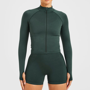 <b>Women</b> Long Sleeve <b>Zip</b>-Up Strapless Activewear <b>Top</b> Matching Shorts Set Dark Green Yoga Fitness Workout Crisscross Straps Medium - Product Image 1