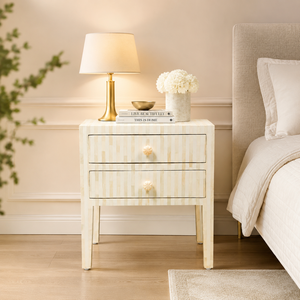 White Bone Inlay Modern Nightstand 2 <b>Drawer</b> Bedside Table Accent <b>Side</b> Table for Bedroom Living Room Apartment & Hotel - Product Image 1