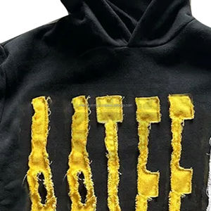 Distressed Men's Hoodie Sweatshirts Black Color Full Sleeve Warm Winter <b>Thermal</b> <b>Fleece</b> Hoodies With Distress Embroidery - Product Image 6