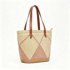 Customized Diamond inlay woven straw tote <b>bag</b>,blush pink geometric straw <b>basket</b> shopper,two‑tone woven tote - Product Image 5